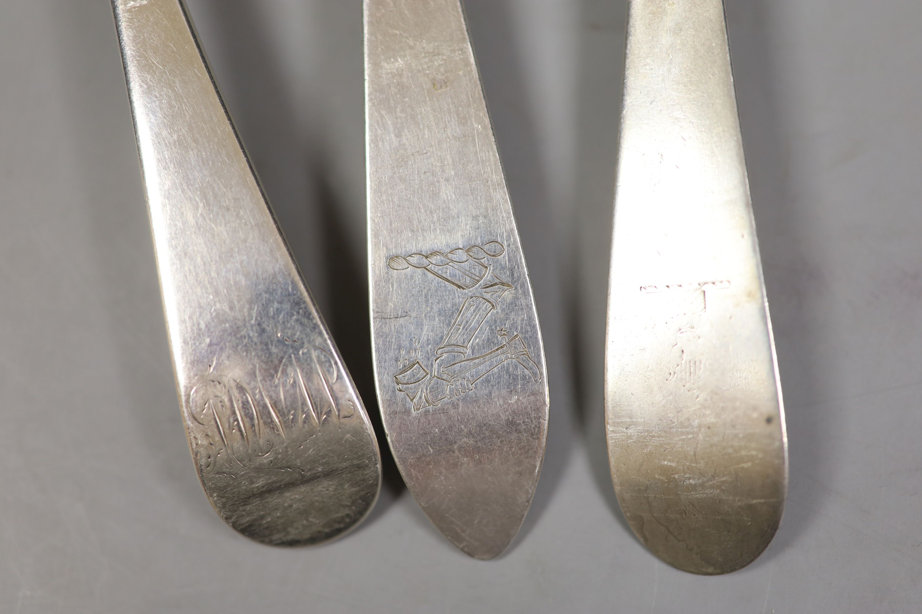 Nine assorted 18th and 19th century silver table and desert spoons, various dates and makers